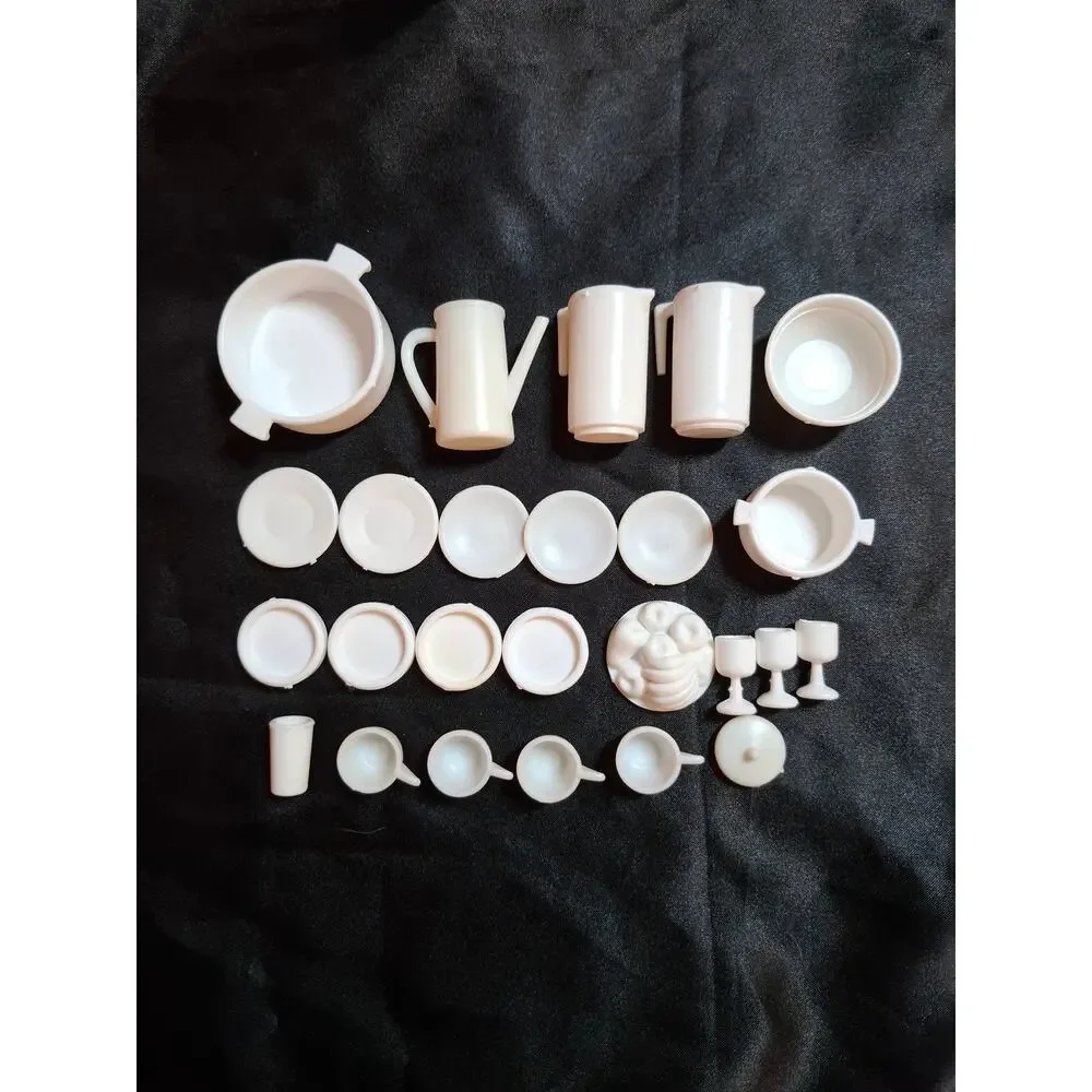 Vtg 25 Pc Lot Barbie Size White Kitchenware Pitcher Plates Cups Bowl Pot Goblet